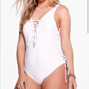 Boohoo Plus White Lace Up Swimsuit